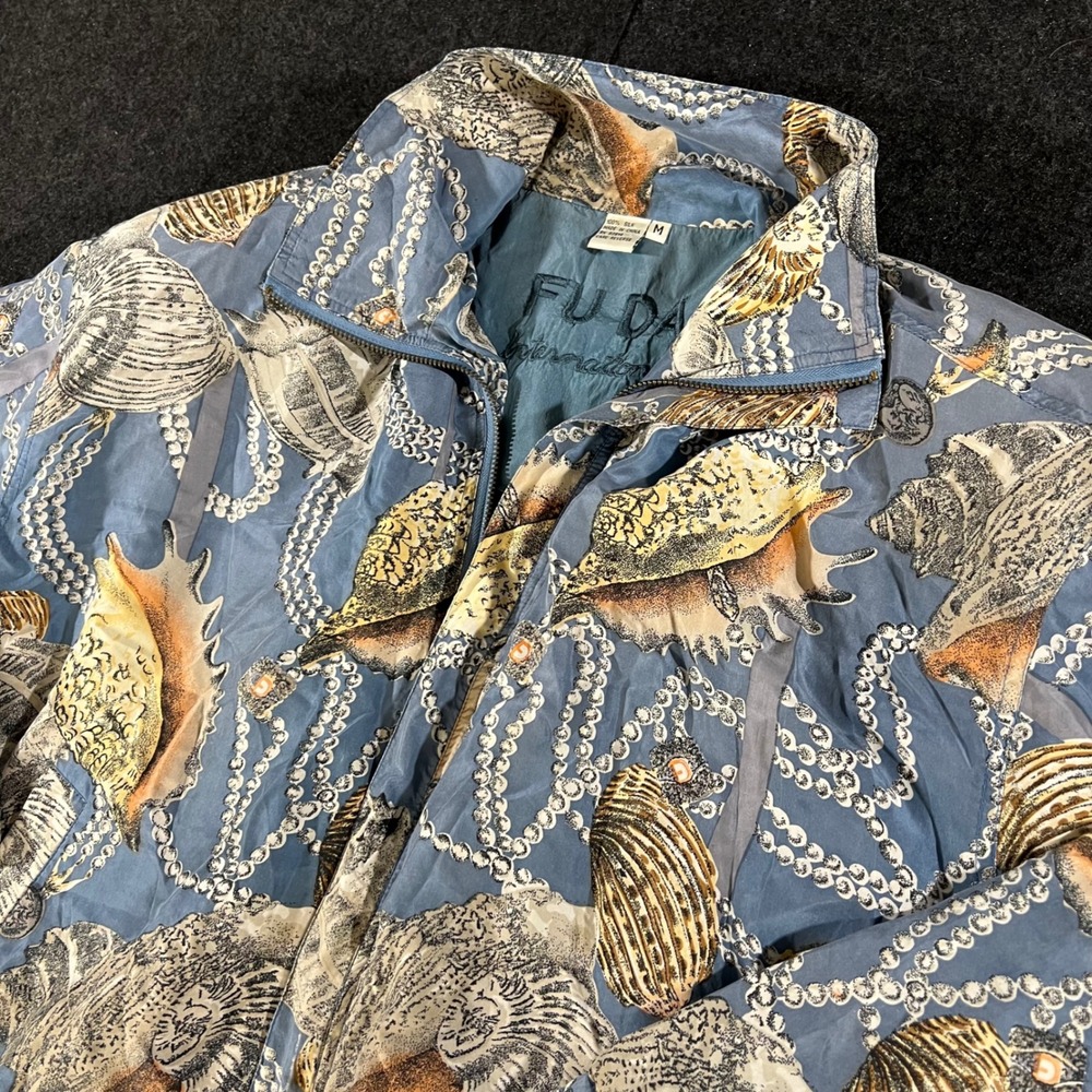 FU DA Silk Bomber Jacket Womens Medium Blue Sea Shell Pearl Print Vintage 90s